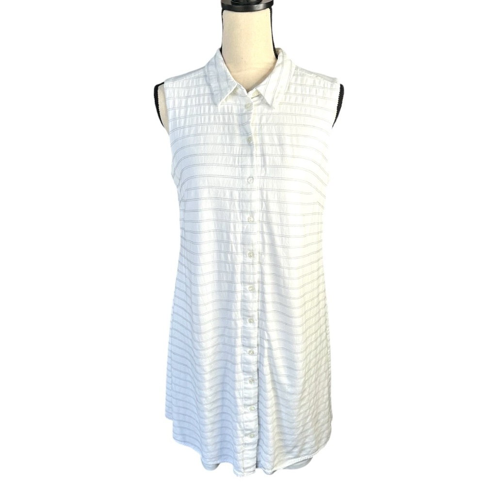 ADRIANNA PAPELL Sleeveless White & Gray Striped Tunic Shirt Dress Womens Size 10